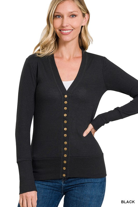 Snap Button Sweater Cardigan with Ribbed Detail