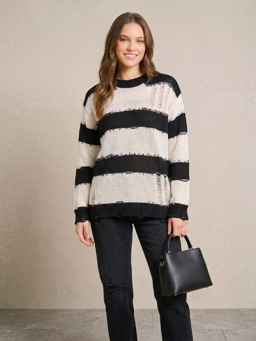 COLORBLOCK STRIPED KNIT DISTRESS SWEATER