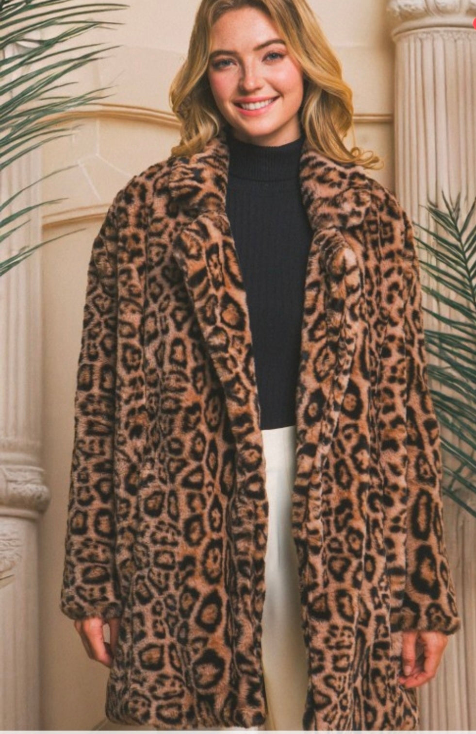 Leopard Faux Fur Thigh Length Coat