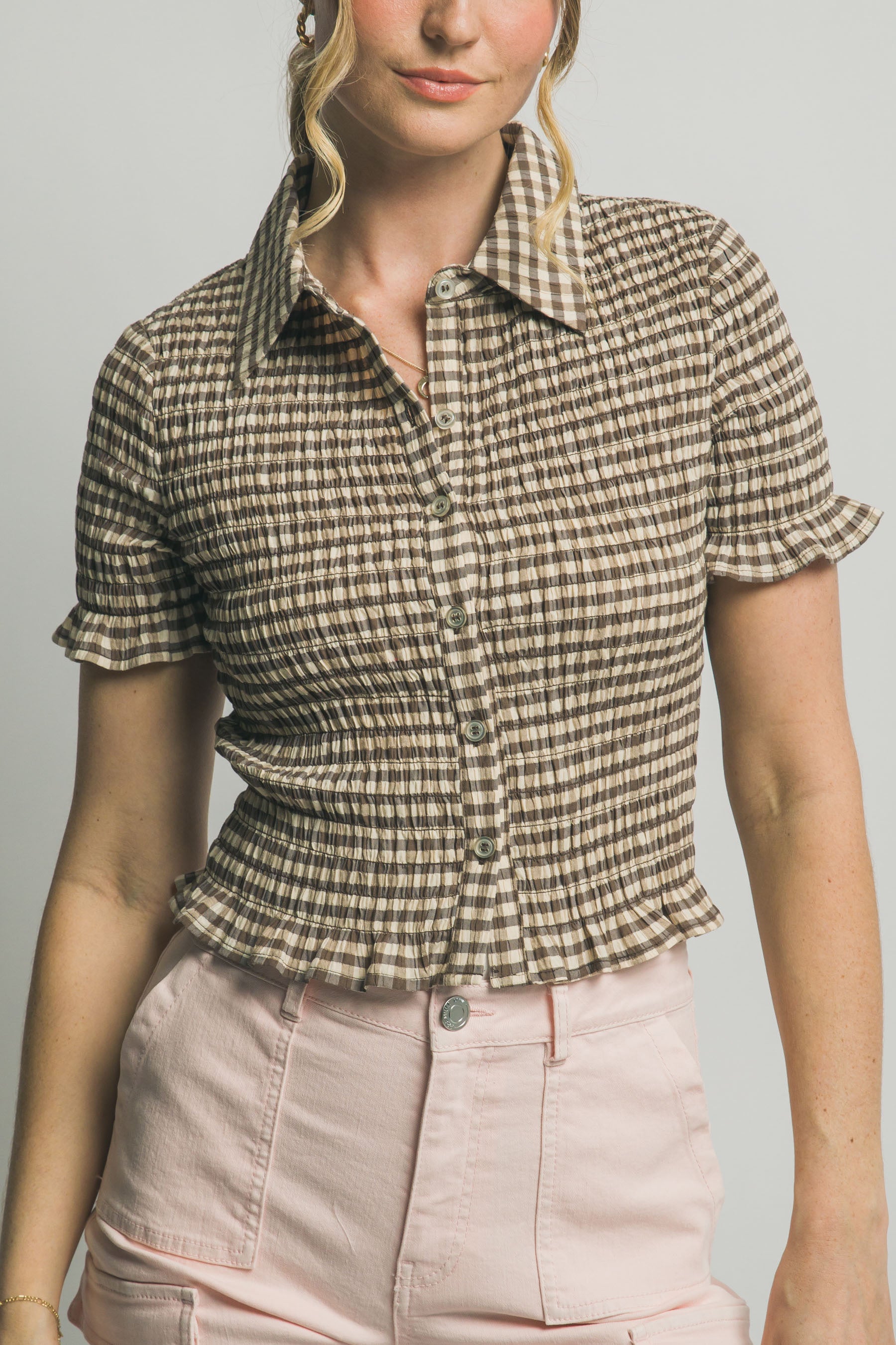 Gingham Smocked Button Down Top