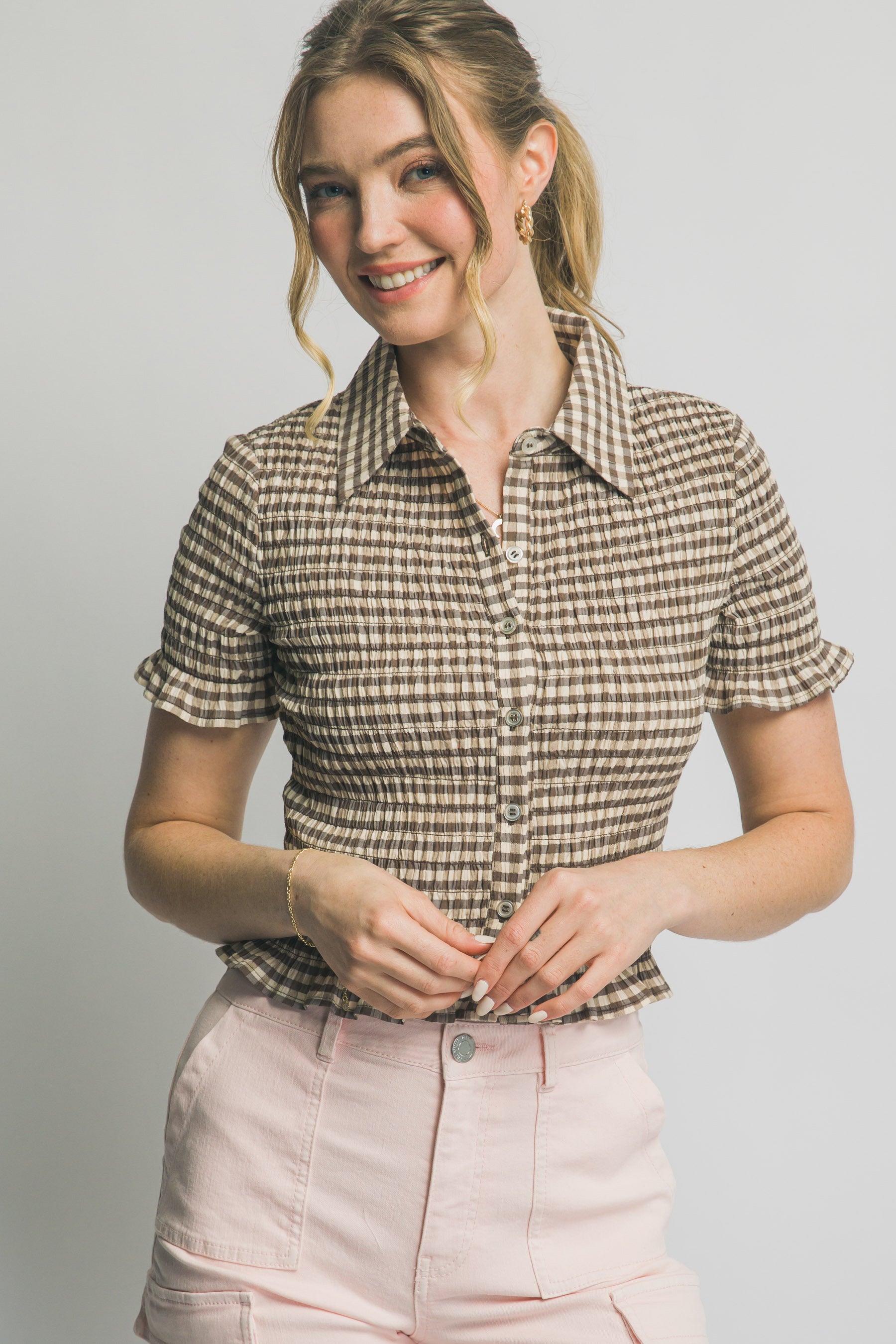 Gingham Smocked Button Down Top
